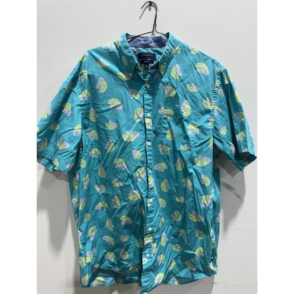 Crown And Ivy Men’s Short Sleeve Button-Down Size Large Tall Green With Lemons